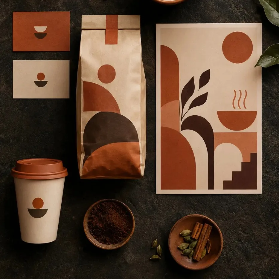 Cafe brand identity with business cards, coffee bag, cup and poster